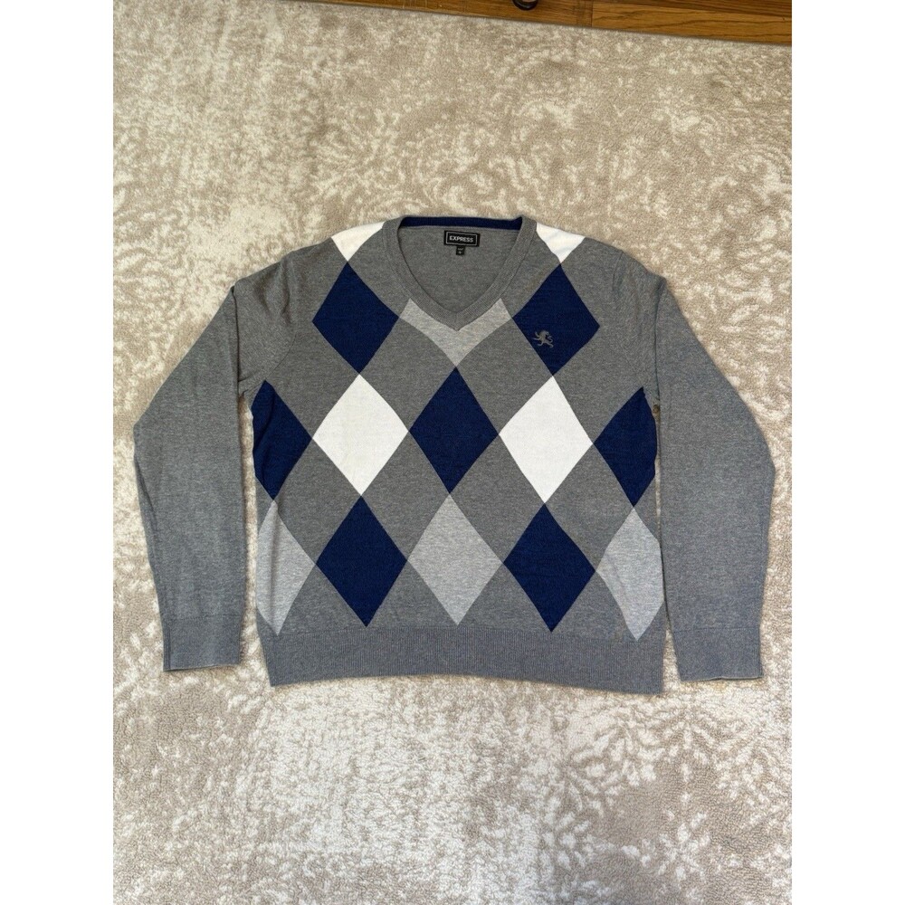 Express Men's L Preppy Y2K Blue Gray White Argyle Knit Sweater V-Neck L